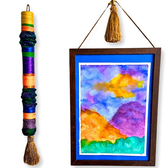 Colorful Watercolor Abstract Art with Matching Cylindrical Fiber Art 2 Pc. Set - Picture 3 of 7